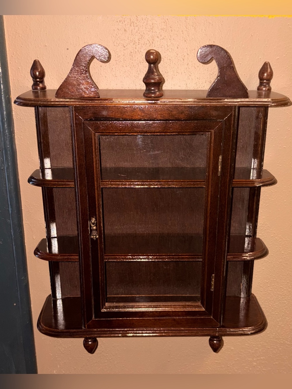 Vintage Brown Wood Wall Curio Cabinet with Glass Door 3 Shelves 17x14x4.5 in